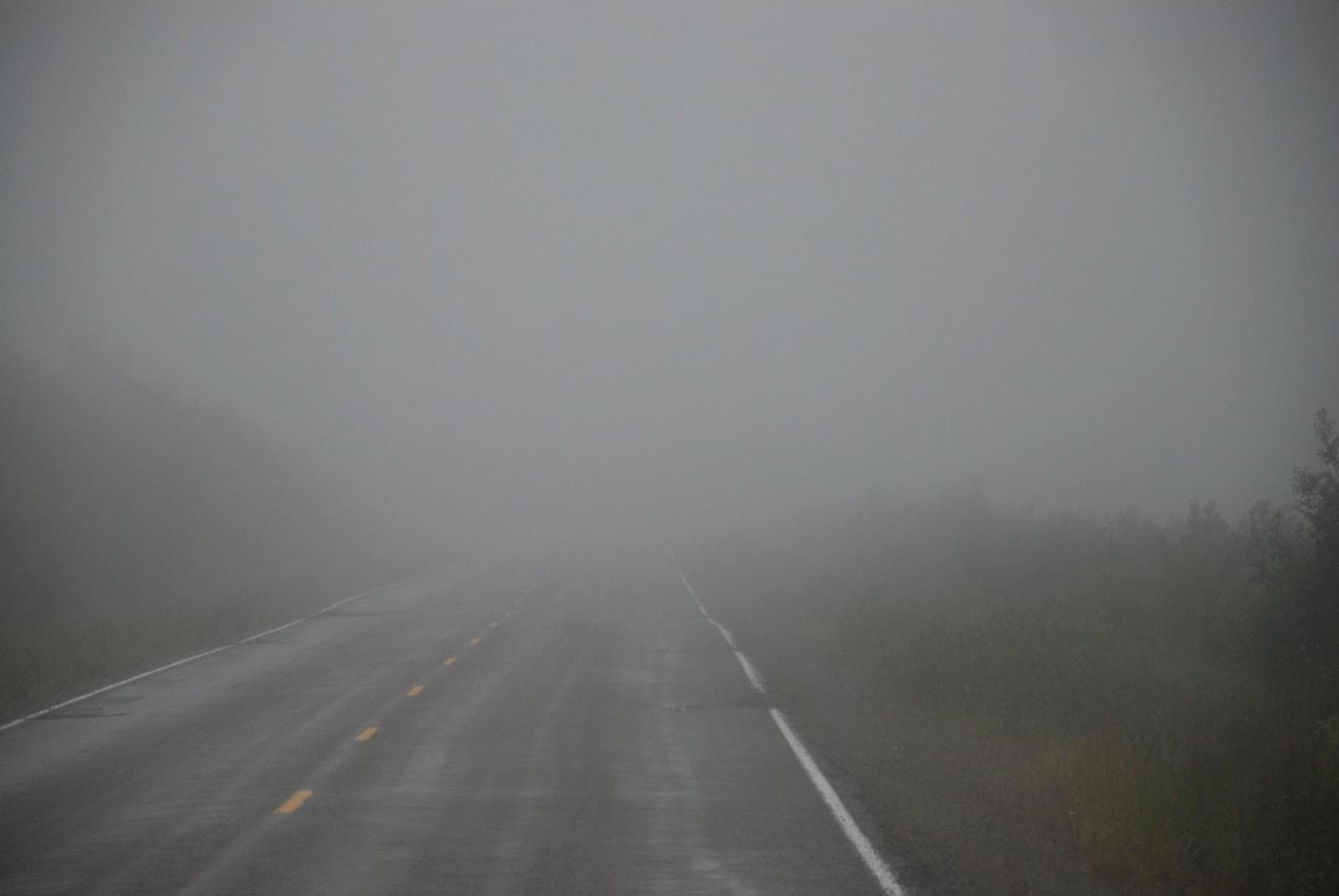 Estrada deserta desaparecendo na névoa